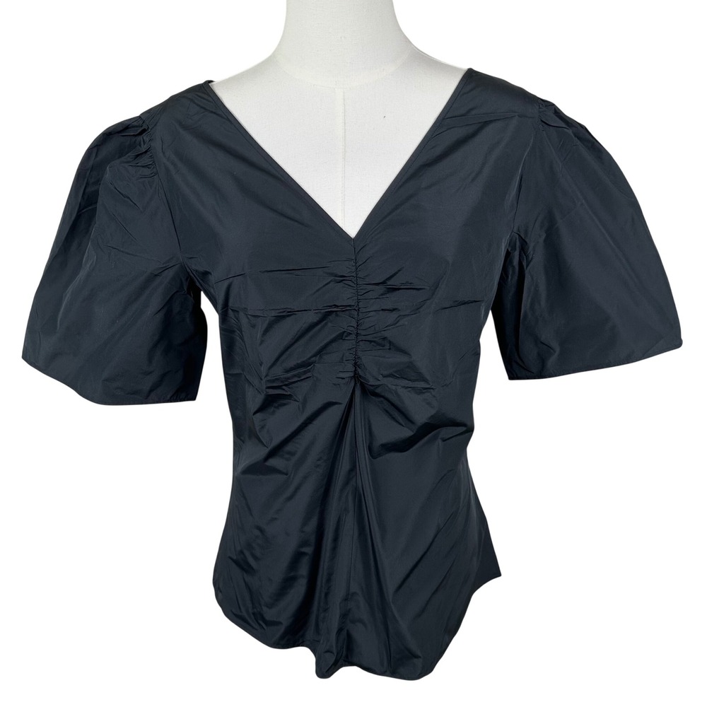 NWOT Club Monaco Top Womens M Black V Neck Puff Sleeve Ruched Minimalist Blouse